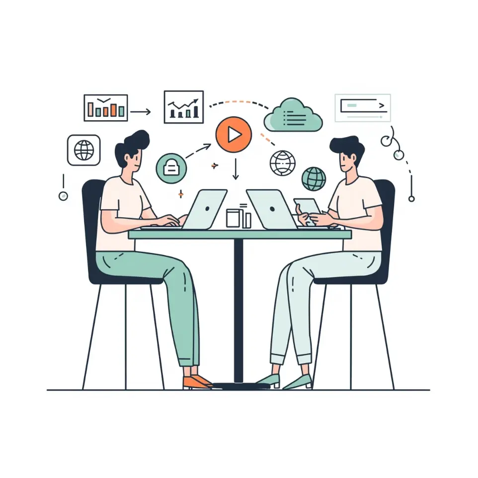 Digital marketing teamwork illustration showing two people analyzing data, charts, and social media icons.