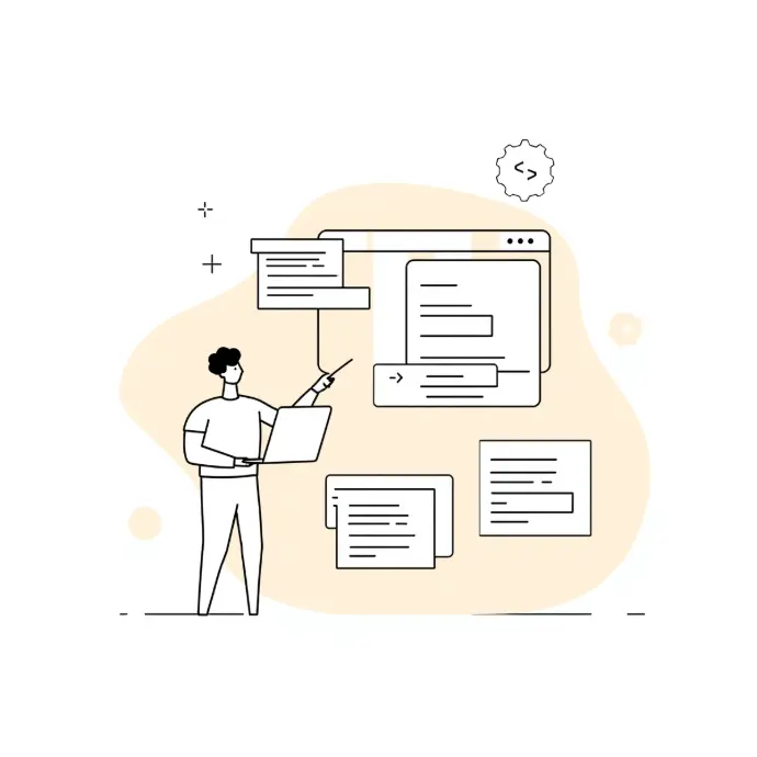 Minimal line-art illustration of a person standing beside website layout elements and code icons, representing modern web development services.