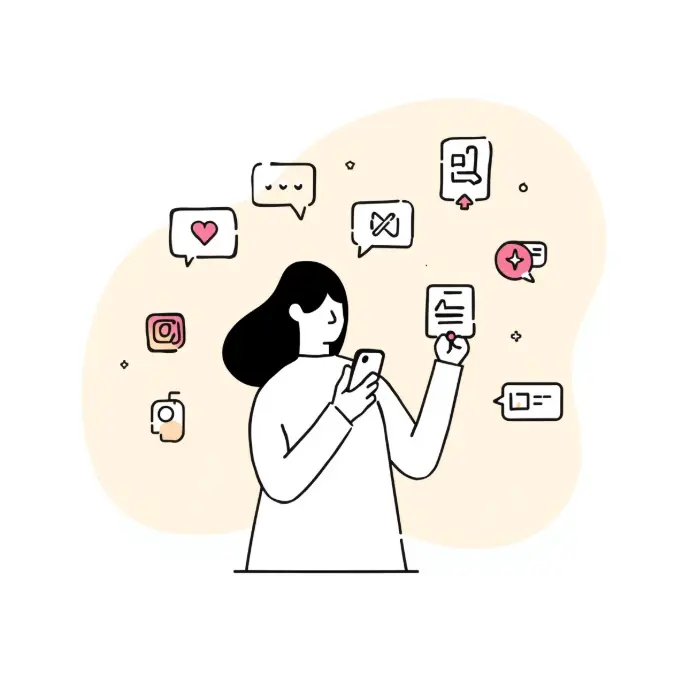 Minimal line-art illustration of a person interacting with social media icons like likes, comments, and notifications, representing social media management services.