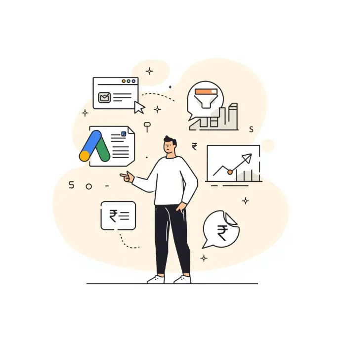 Minimal line-art illustration of a person analyzing digital ad elements like sponsored ads, click icons, and conversion graphs, representing Google and Meta Ads services.