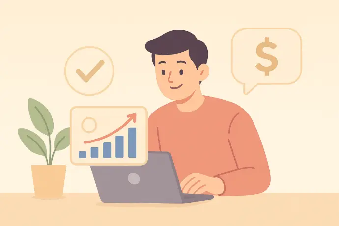 A friendly, minimal flat-style illustration of a small business owner sitting at a desk and reviewing SEO growth charts on a laptop. Warm pastel colours, simple shapes, and an approachable, budget-friendly design.