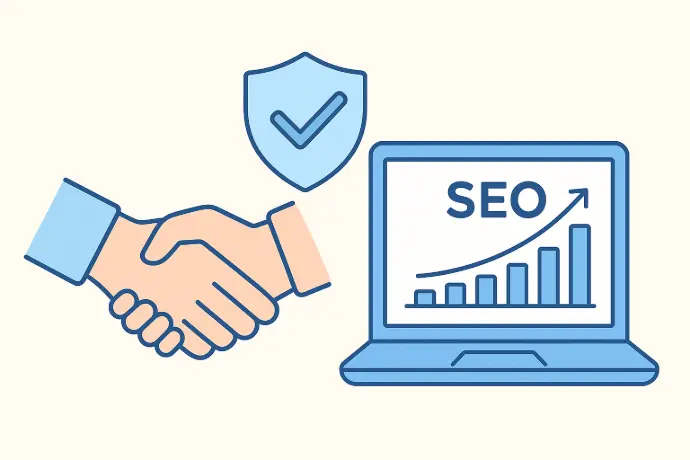 Minimal professional illustration showing trust-building elements including a handshake icon, a shield with a checkmark, and a laptop displaying rising SEO metrics in soft pastel corporate colours.