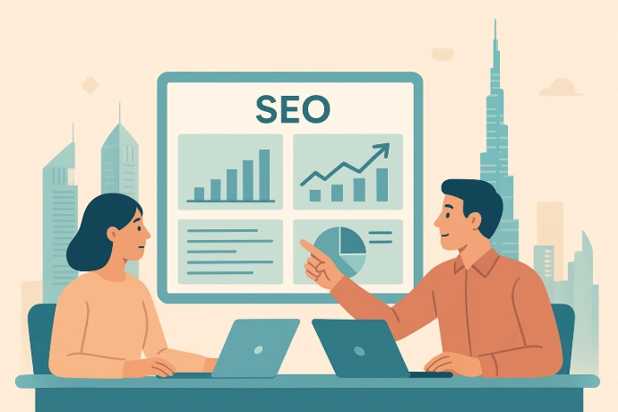 Flat-style illustration of two business owners reviewing SEO dashboards with upward growth charts, pie graphs, and performance metrics, set against the Dubai skyline with Burj Khalifa and Sheikh Zayed Road buildings.