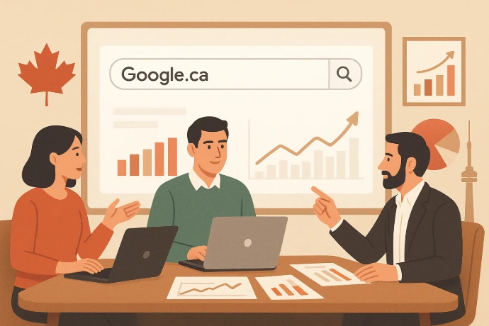 Marketers planning SEO strategy with Google.ca on screen, charts, and Canadian elements like a maple leaf and CN Tower.