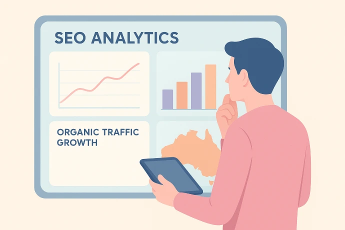 A flat, pastel-colored illustration of a digital marketer reviewing an SEO analytics dashboard showing line and bar charts, organic traffic growth, and a map of Australia. The marketer holds a tablet while looking thoughtfully at the large display.