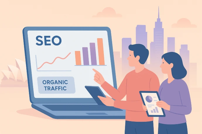 Minimal flat illustration featuring a laptop displaying SEO metrics, with an Australian city skyline including the Sydney Opera House and Melbourne-style towers in the background, and two marketers analyzing charts in soft modern gradient colors.